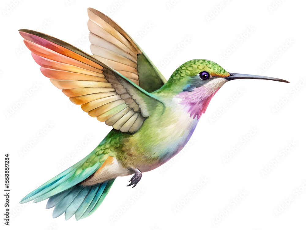 Obraz premium Vibrant Rainbow Hummingbird in Flight Watercolor Painting on Transparent Background, Watercolor Clipart Illustration With Isolated Background..