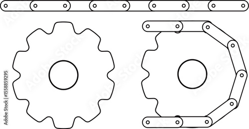 A line illustration set featuring a cogwheel and a straight and curved section of chain links.