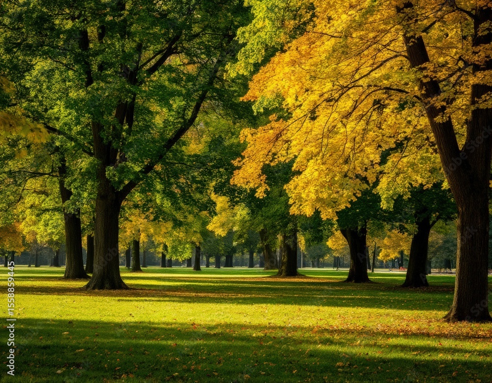 Fototapeta premium Mixed green and yellow trees in a park with gentle light and shadows.
