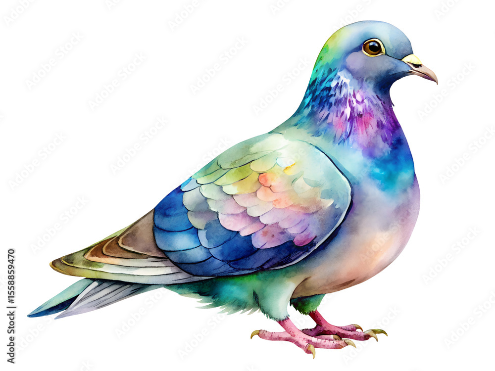 Fototapeta premium Vibrant Watercolor Pigeon Illustration with Rainbow Feathers on Transparent Background, Watercolor Clipart Illustration With Isolated Background..