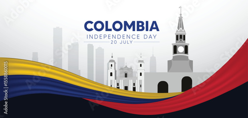 Colombia independence day cityscape with flag vector poster