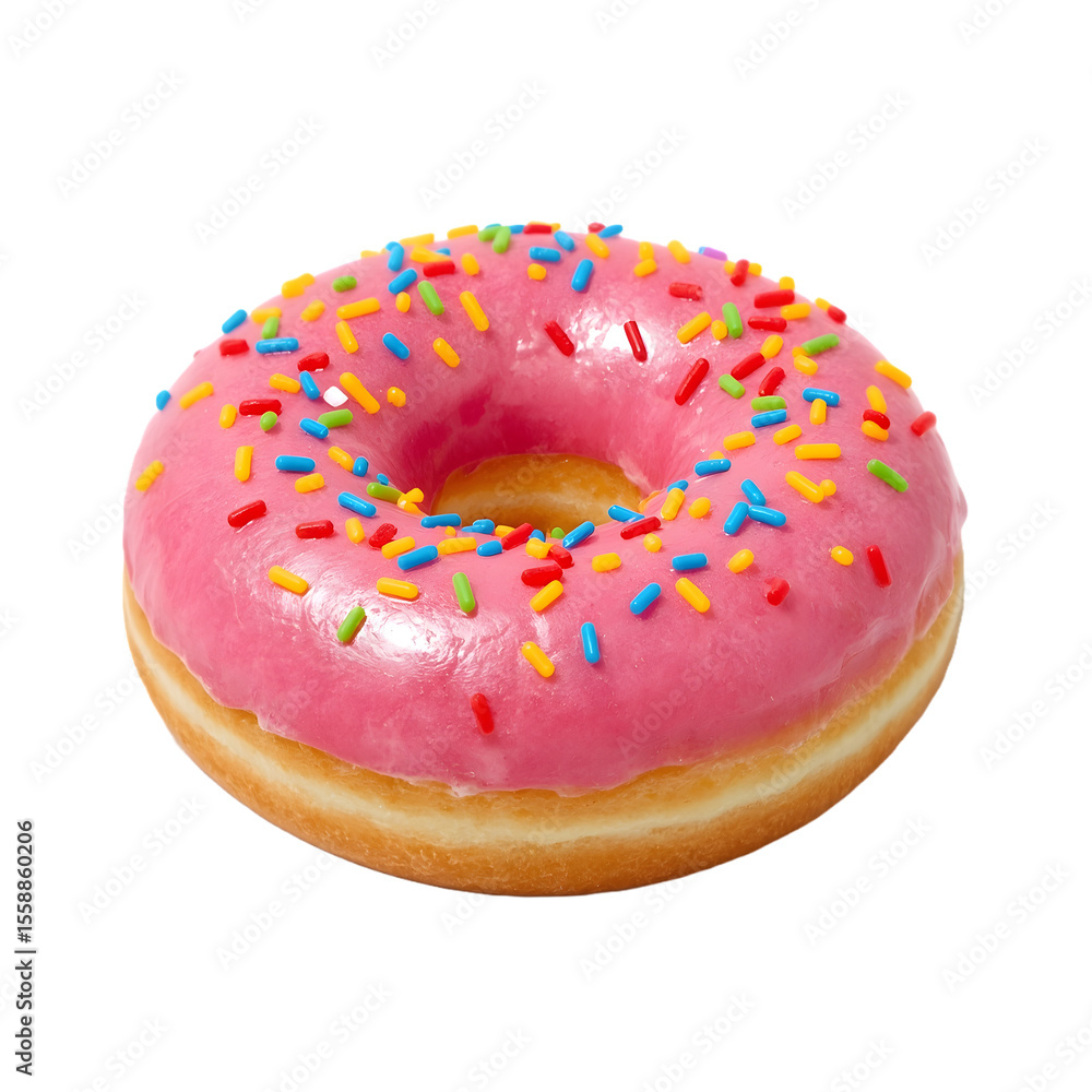 Delicious pink frosted donut with colorful sprinkles isolated on black background Delicious pink frosted donut with colorful sprinkles isolated on black background