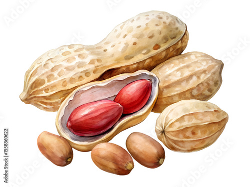 Watercolor Painting of Peanuts in Shells with Red Kernels on Transparent Background, Watercolor Clipart Illustration With Isolated Background..