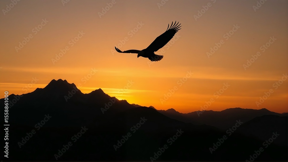 Naklejka premium Eagle flying over mountains at sunset nature wildlife bird of prey freedom