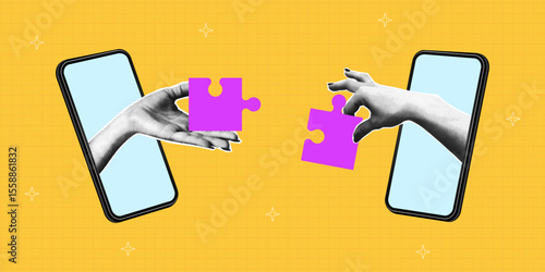 Collage banner with two smartphones and halftone hands that connect the pieces of jigsaw puzzle. Collage design of teamwork with puzzle pieces. Partnership concept. Vector.