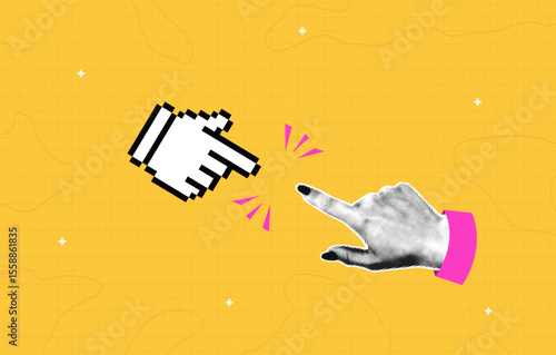 Collage with halftone hand which touching finger with pixel mouse cursor. Trendy collage style. Vector.