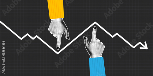 Collage with halftone two hands and arrow graph which growth and going down at direction of hands. Сoncept of growth and decline of investments, stocks or market in business. Vector.