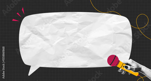 Collage banner with halftone hand holding microphone and empty speech bubble cut out of crumpled paper. Speech bubble with place for text and mic in hand. Collage halftone design. Vector.