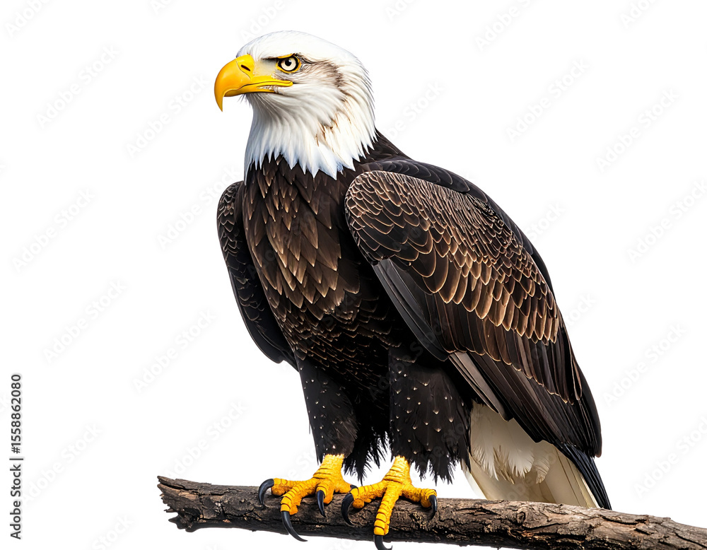 Fototapeta premium Bald Eagle Perched with Intense Gaze and Wind-Blown Feathers, isolated on transparent background PNG