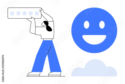 Woman raising a rating bar with five stars, next to large smiling blue face and cloud icon. Ideal for customer feedback, rating systems, reviews, user experience, satisfaction, positivity, simple
