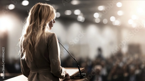Blonde woman in light-colored tailored suit stands at podium with microphone, addressing a softly-lit hall filled with a blurred crowd during a formal public speaking event.
