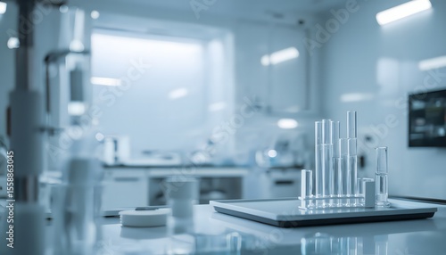 Blurred laboratory interior background, clean white modern design.