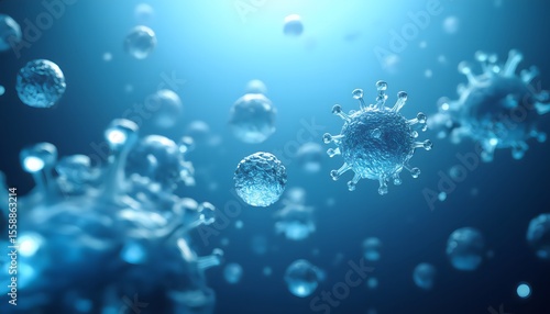 Hyper realistic 3D floating virus particles in microscopic environment, detailed protein spikes, soft lighting, blue ambient background.