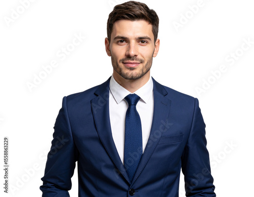 Confident young entrepreneur, handsome man in a navy blue suit and tie, transparent background.