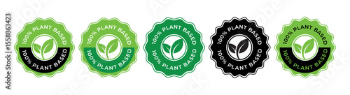100 Percent Plant-Based vector badge logo – Green Circular Badge with Leaf Icon for Vegan or Organic Products, Vegan Product Stamp