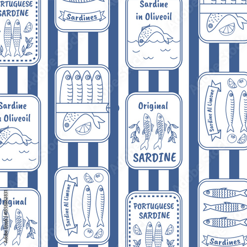 Seamless pattern with hand drawn sardine. Mediterranean vintage background. Nautical food print. Marine coastal wallpaper for wrapping paper, fabric and decor.
