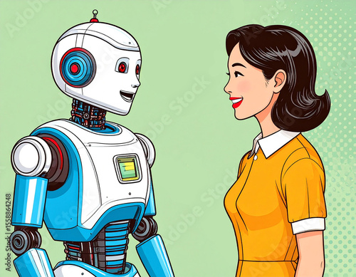 Woman and Robot Talking solid background