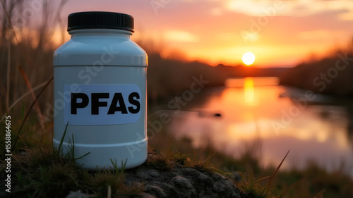 PFAS Chemical Container Near Wetland at Sunset Symbolizing Environmental Pollution