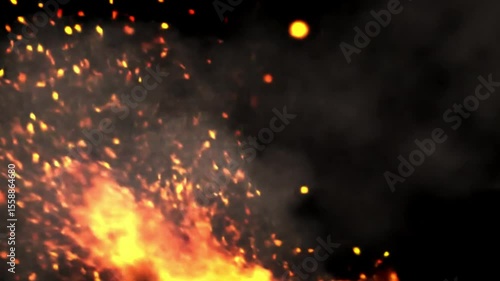 Glowing orange embers burst from bold flames, surrounded by swirling smoke. A dynamic, high-detail fire background full of heat, motion, and atmosphere.