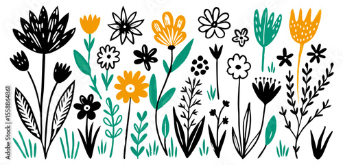 Hand-Drawn Flower Collection: Black, Yellow, Teal Floral Elements
