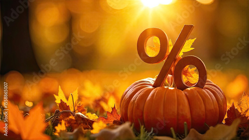 Percentage sign in sun rays, is adorned with autumn yellow leaves and pumpkin. Autumn sale and discounts, Harvest banner and Halloween, flyer with copy space.