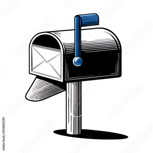 Mailbox with Letter - Black and White Illustration