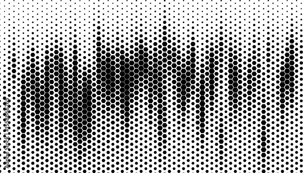 Black and white abstract dynamic halftone pattern with hexagon shape for modern background or design element. Vector Format Illustration 