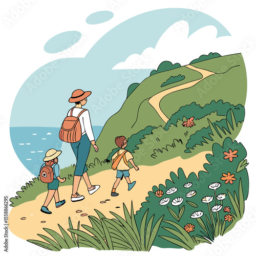  Family Hiking on Scenic Trail – Summer Travel Illustration