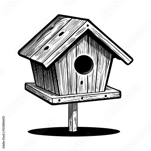 Hand-drawn Birdhouse Illustration, Wooden Birdhouse, Black and White