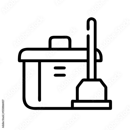 Cleaning caddy with toilet plunger in minimalist line art style Concept of Simple vector linear icon  