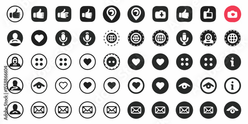 Collection of social media icons including likes hearts profiles locations and messages