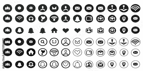 Collection of social media icons including likes hearts profiles locations and messages