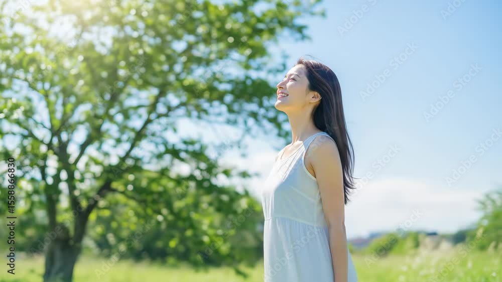 Joyful Woman in a Field, Looking Up at a Sunny Day Joyful Woman in a Field, Looking Up at a Sunny Day