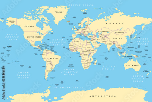 World, general reference map, political divisions. Political map with international country borders, continents, oceans, and largest lakes, in a cylindrical projection. English labeling. Vector