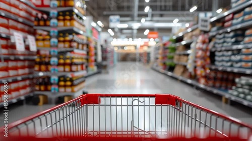 Shopping cart in supermarket aisle surrounded by fully stocked shelves with various products, creating a retail shopping atmosphere. Concept of consumerism, retail and grocery shopping
