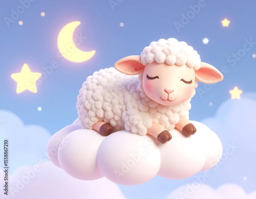 Cute sheep sleeping on a cloud at night