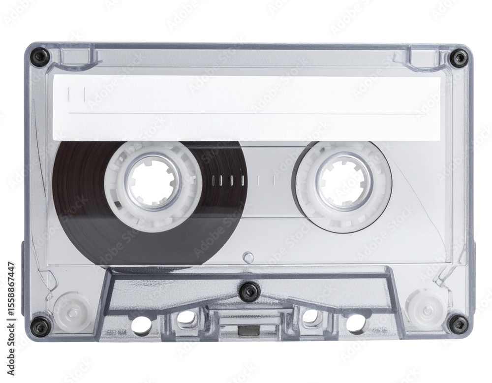 Fototapeta premium Vintage Audio Cassette Tape with Transparent Shell, Front View, Isolated on Transparent Background