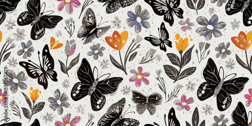 Seamless Pattern: Black Butterflies & Flowers