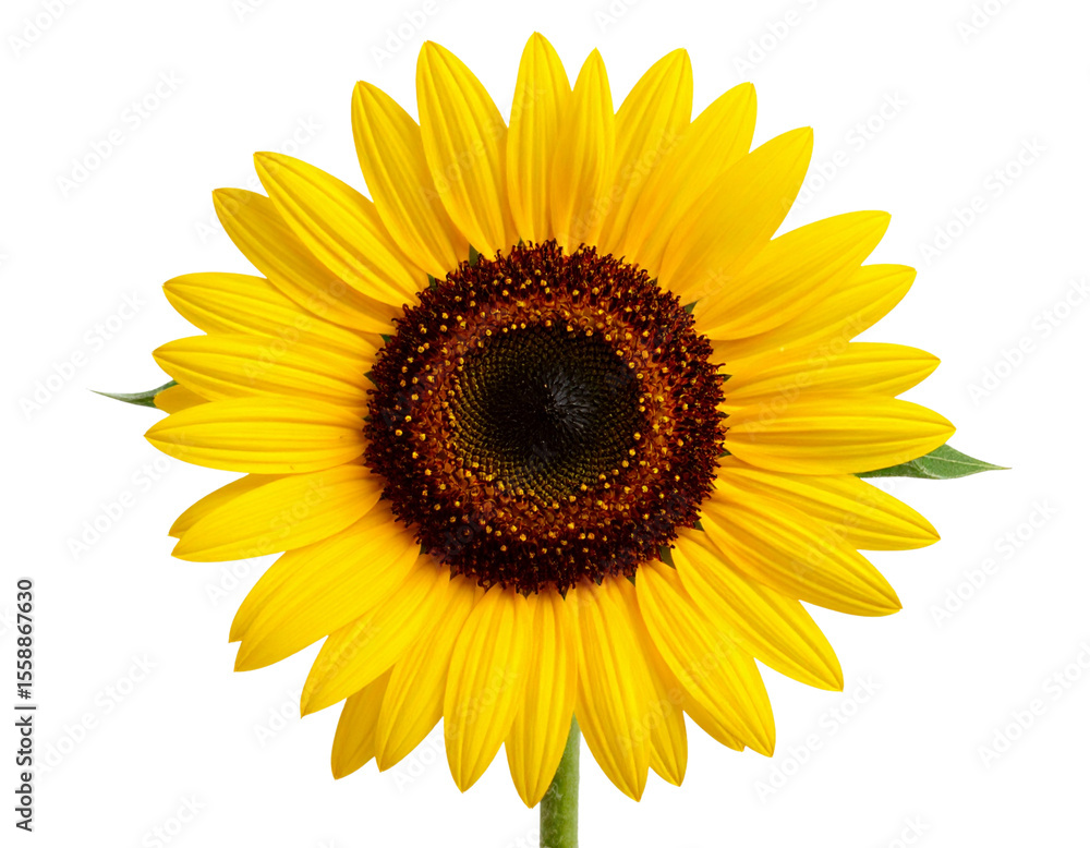 Fototapeta premium Single Blooming Sunflower with Long Stem and Leaves, Front View, Isolated on Transparent Background