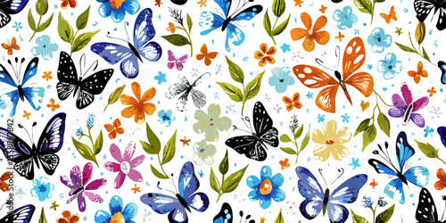Colorful Butterflies and Flowers Seamless Pattern