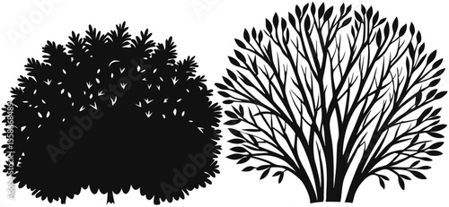 Two Black and White Bush Silhouettes: Full & Detailed