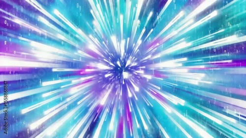 Abstract digital illustration with radial streaks, binary code, & vibrant colors