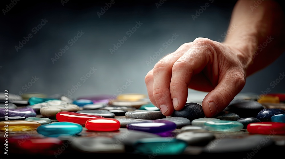 Man's Hand Arranging Colorful Polished Stones on Dark Background Man's Hand Arranging Colorful Polished Stones on Dark Background