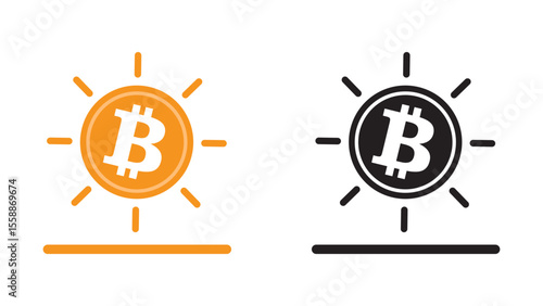 Bitcoin crypto currency vector icon with two variations, colored and black and white. Vector illustration in flat design style