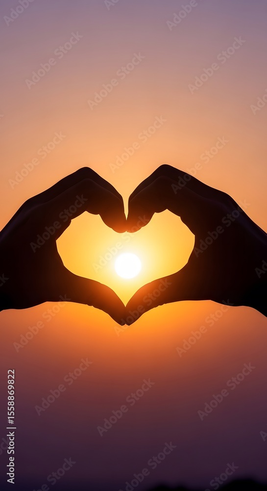 Fototapeta premium Sunset Love Heart-Shaped Hands Holding the Golden Hour, Casting a Warm and Romantic Glow, Perfect for Valentine's Day, Romance, or Love-Themed Backgrounds
