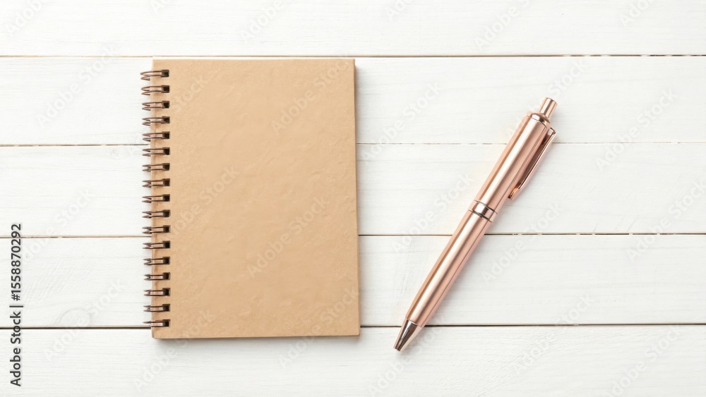 Notebook with a brown cover and a rose gold pen on a white wooden surface, creating a minimalist and elegant workspace aesthetic Notebook with a brown cover and a rose gold pen on a white wooden surface, creating a minimalist and elegant workspace aesthetic