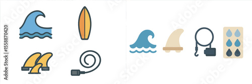 Colorful surf icons depicting waves, surfboards, fins, and accessories for ocean enthusiasts engaged in water activities