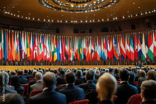 International conference gathering representatives in a grand hall decorated with national flags and a diverse audience
