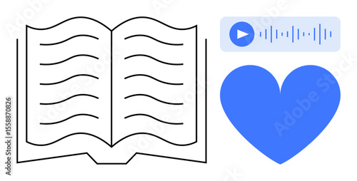 Open book with lines, blue heart, and audio play icon symbolize reading, audiobooks, learning, education, storytelling, self-improvement and relaxation. Ideal for book apps education