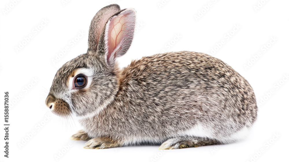 Fototapeta premium A small gray and white rabbit with large ears and a bushy tail, sitting on a white background.